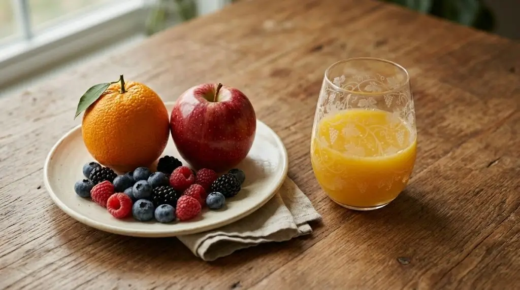 Fruit juice vs whole fruit comparison showing fresh fruit and 100% juice with different fiber content.