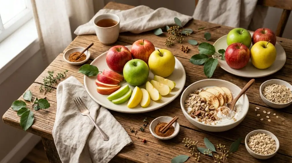Healthy snack ideas featuring apples with yogurt and oatmeal for everyday nutrition