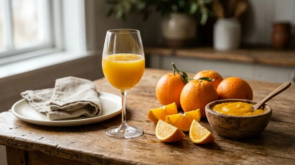 Homemade fruit juice with fresh orange, juice and fruit pulp illustrating fiber loss during juicing.