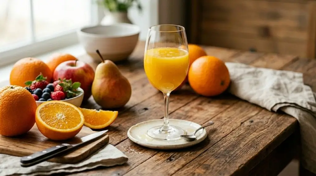 Is fruit juice healthy? A glass of 100% fruit juice beside fresh whole orange and fruit pieces.