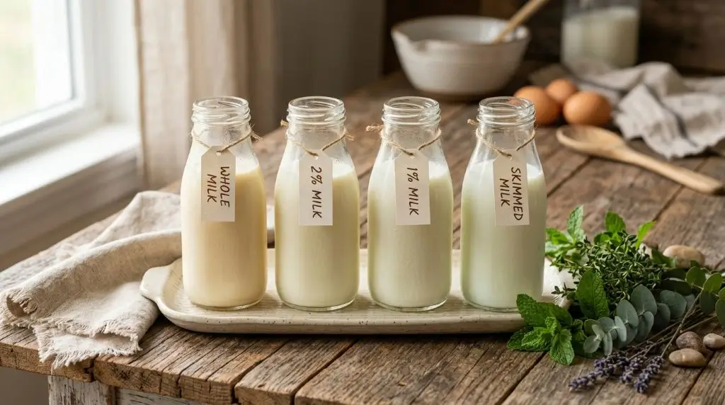 low fat milk vs whole milk lineup of four milk bottles on warm wood table
