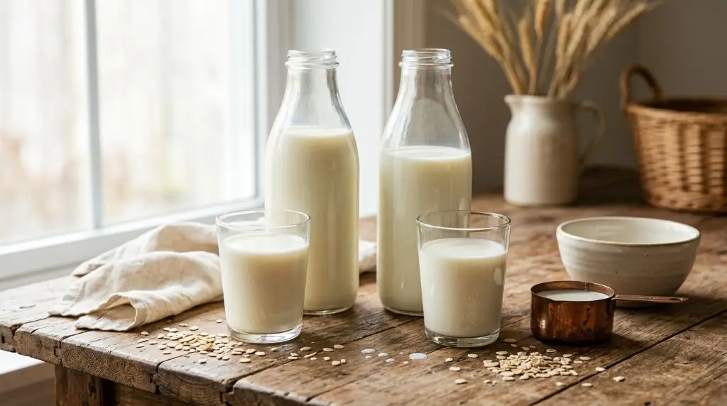 Low-fat milk vs whole milk nutrition comparison with two glasses and simple ingredients on a wooden table.
