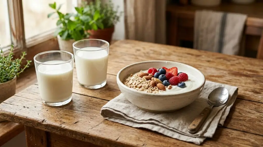 Low-fat milk vs whole milk protein comparison with glasses of milk and everyday foods rich in key nutrients.