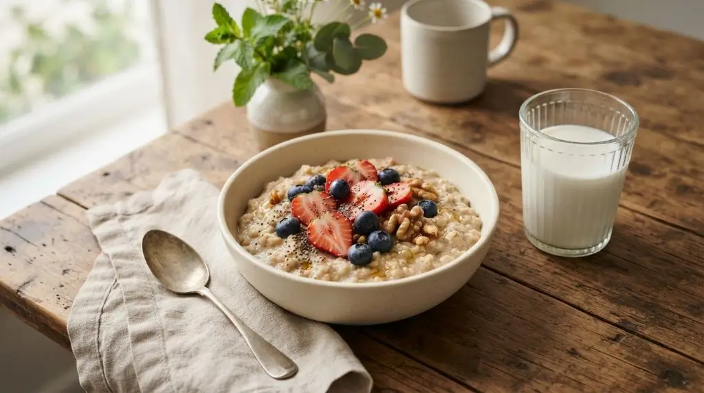 Milk with oatmeal and berries on wood, milk for breakfast ideas