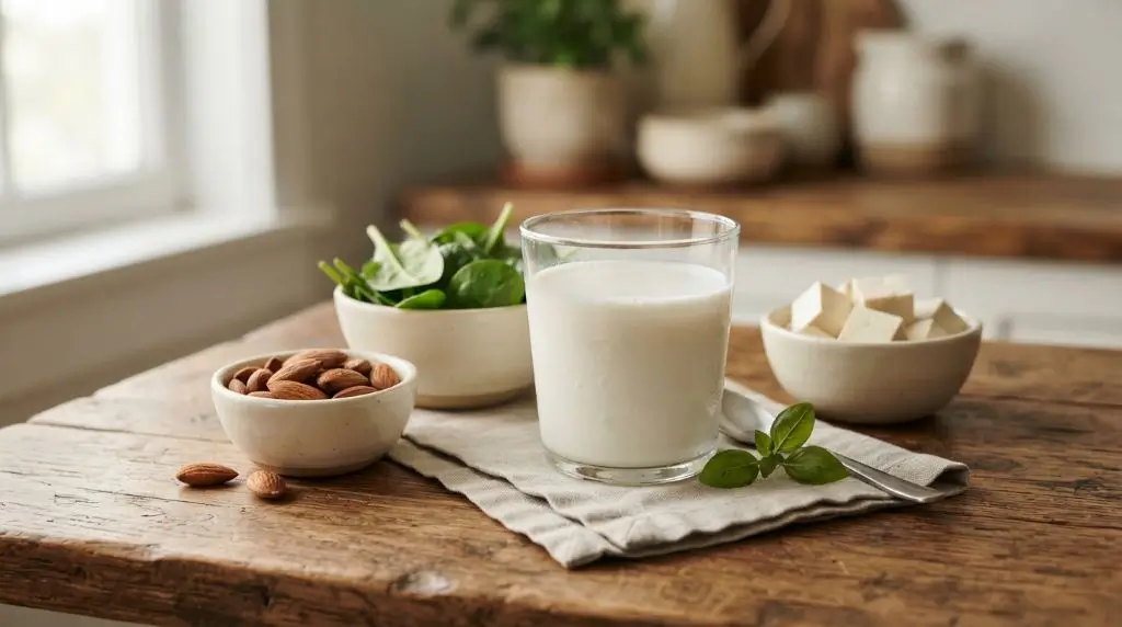 Milk nutrition facts highlighting calcium and other minerals alongside simple calcium-rich foods.