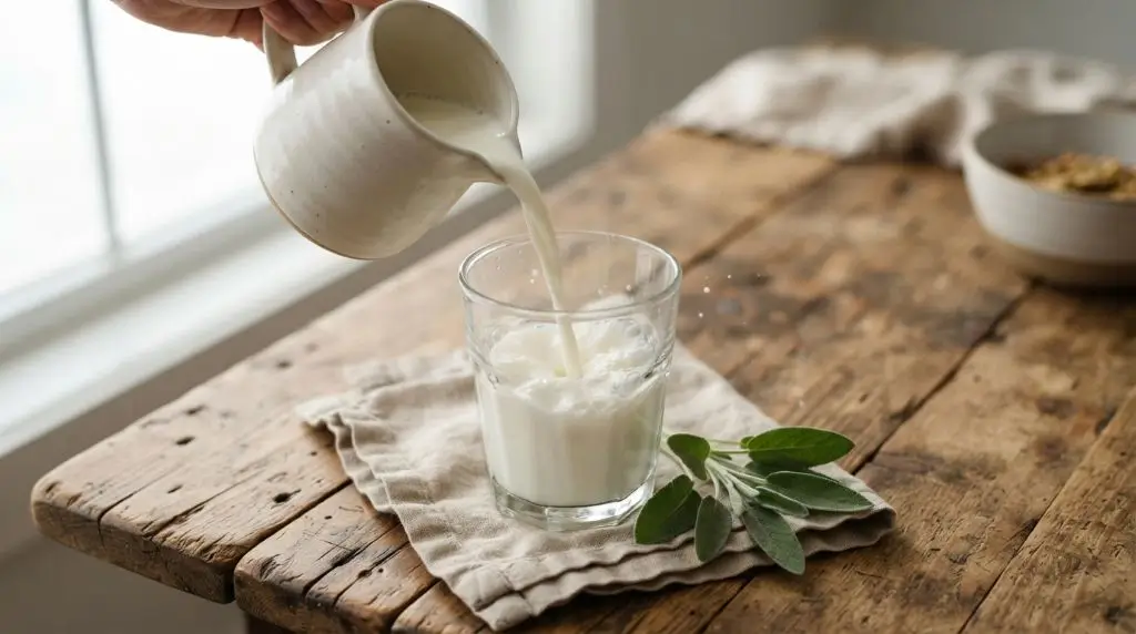 Milk poured into glass on wood table, milk calories guide