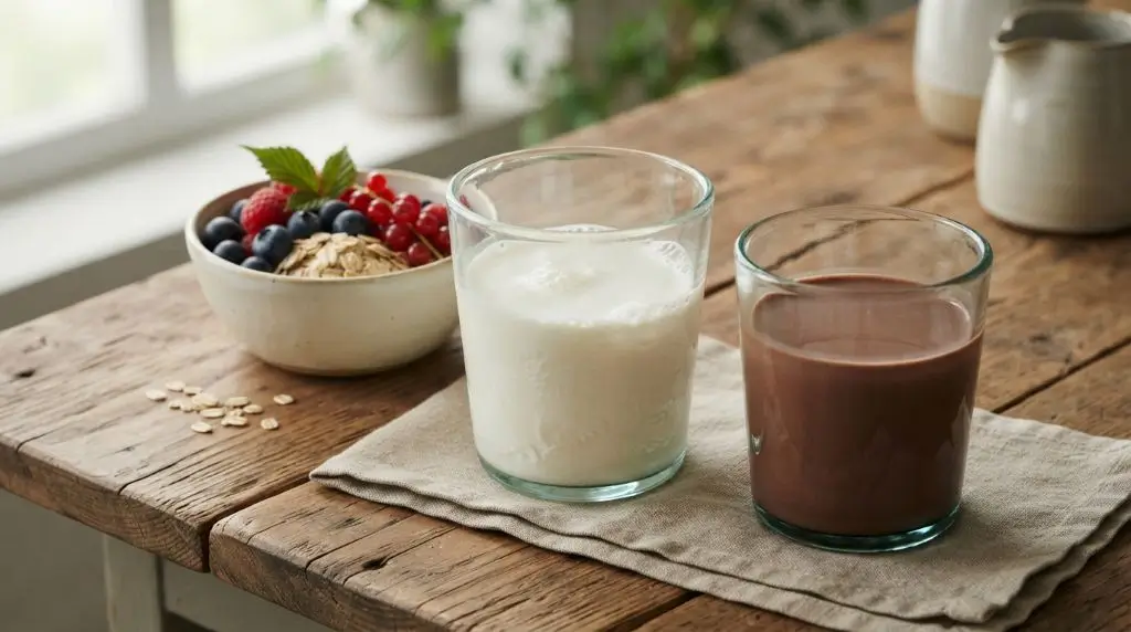 Milk nutrition facts showing plain milk beside flavored milk to illustrate natural and added sugar differences.