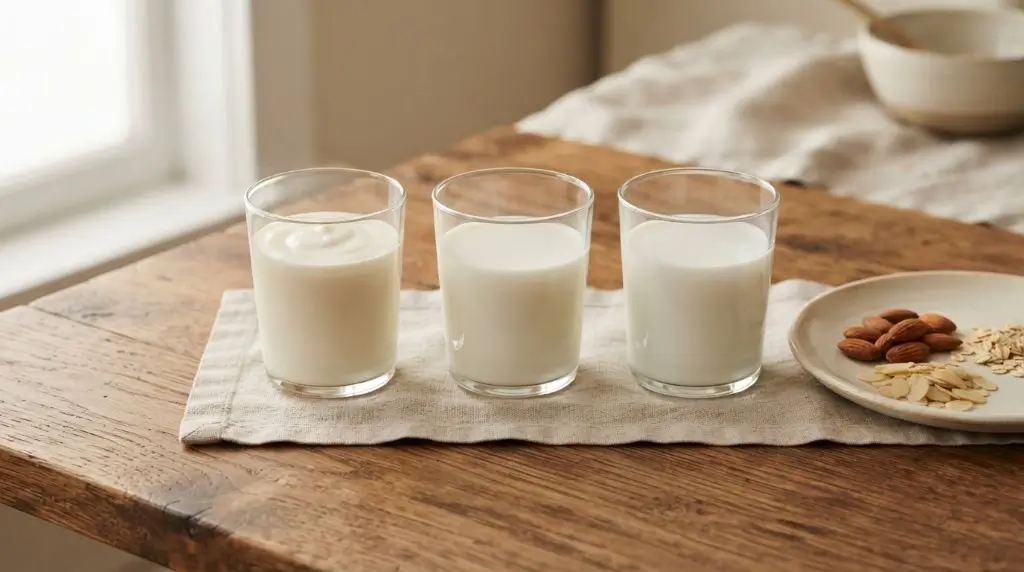 Milk nutrition facts comparison showing three glasses representing whole, low-fat, and skim milk.