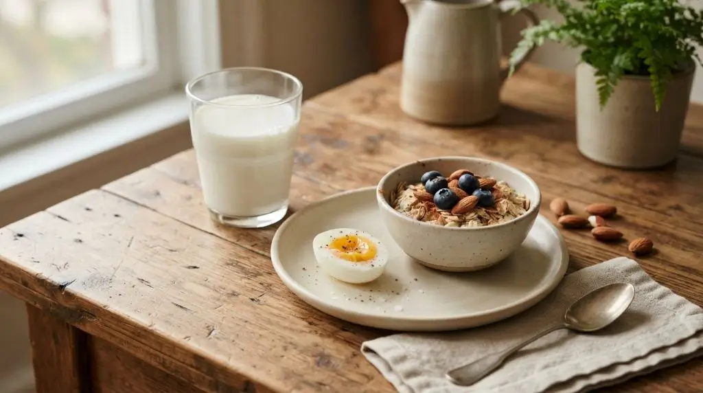 Milk protein nutrition shown with a glass of milk, oats, almonds, and an egg in a simple breakfast setting.