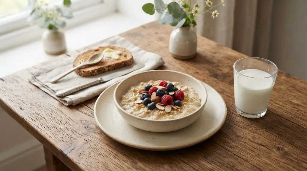 Milk nutrition facts with a glass of milk and a balanced breakfast featuring oats, berries, almonds, and toast.