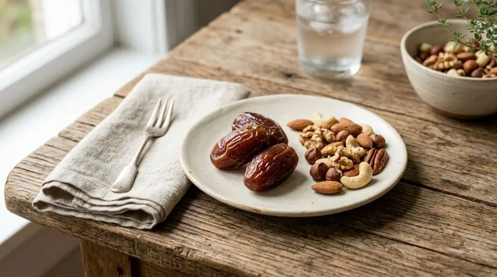 Recommended serving of dates illustrating how many dates to eat per day as part of a balanced diet.