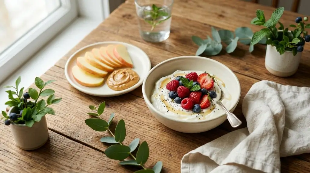 Greek yogurt with berries and apple with peanut butter, whole fruit benefits shown