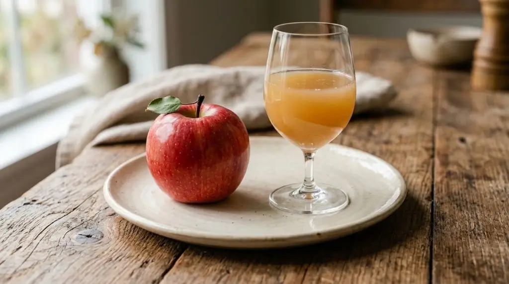 Whole apple beside apple juice illustrating whole apple vs apple juice and fiber differences.