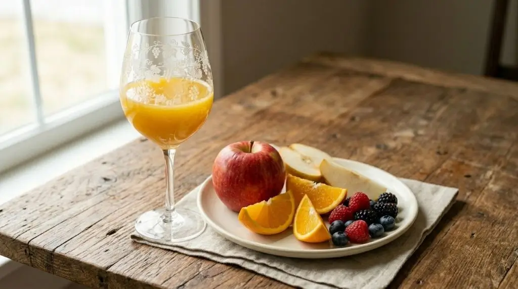Whole fruit vs fruit juice for fullness, showing fiber-rich apples, oranges, pears and berries.