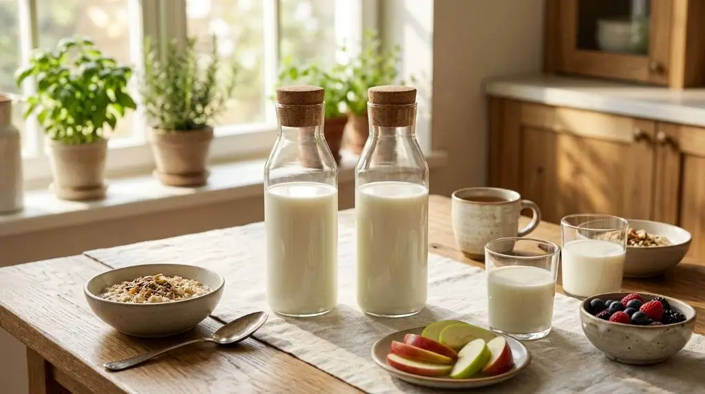 Whole milk and low-fat milk shown as two everyday choices with simple breakfast foods on a kitchen table.