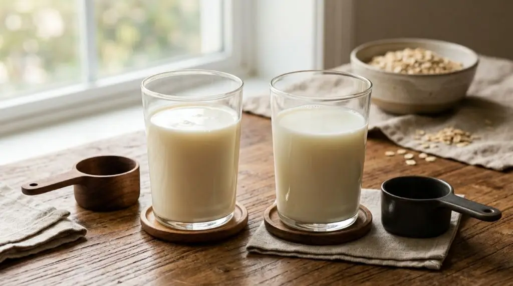Whole milk vs low-fat milk calories shown through equal serving glasses in a simple nutrition comparison setting.