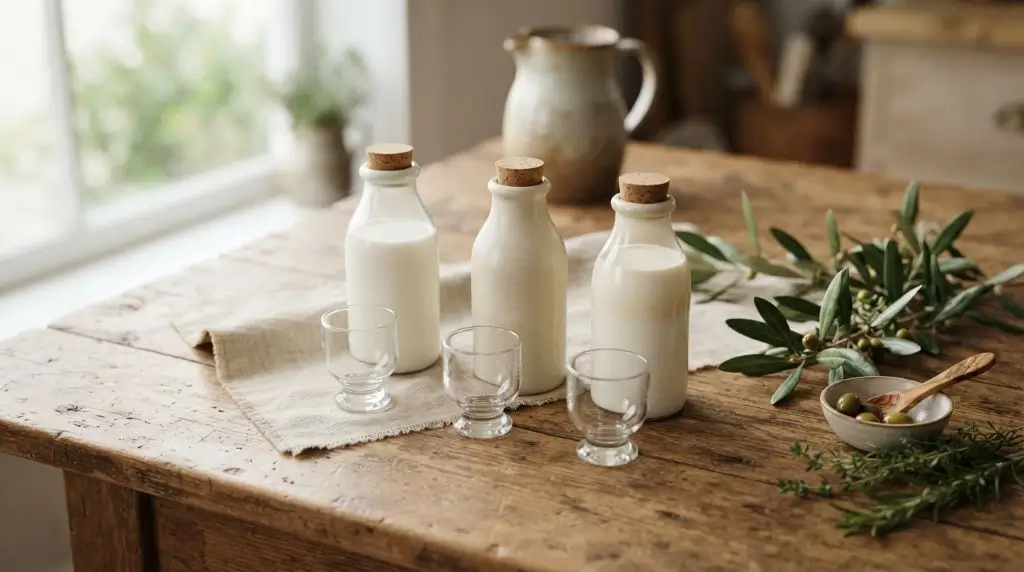 Three milk types on wood table, whole milk vs low fat milk comparison