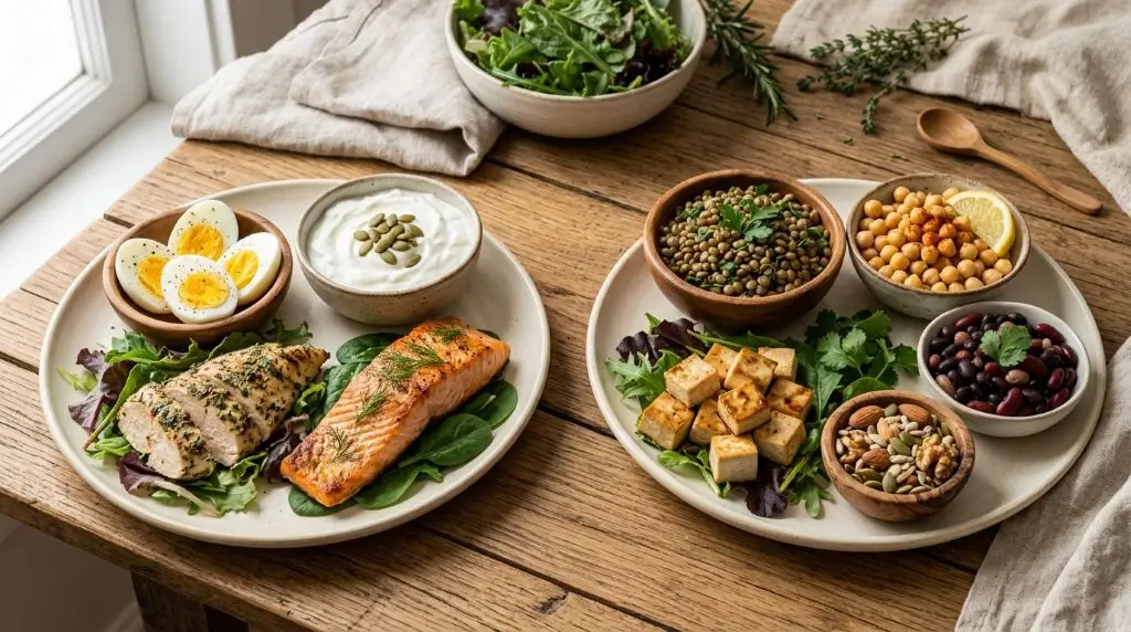 Animal vs plant protein compared with eggs, yogurt, fish, lentils, beans, tofu, nuts and seeds