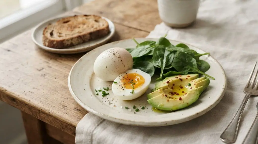 Boiled eggs served with avocado, spinach, and whole-grain toast in a warm editorial food setting.