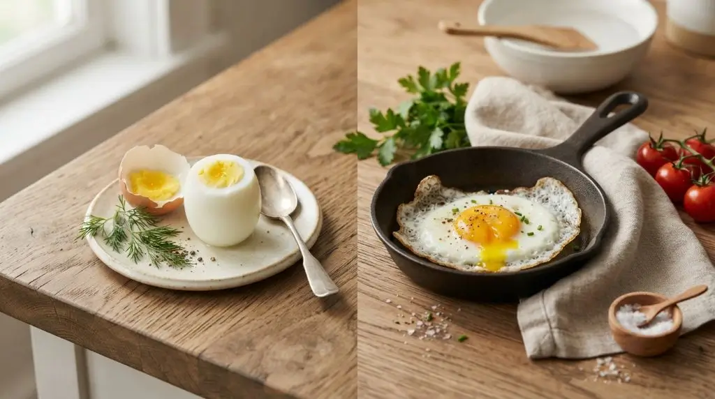 Hard-boiled and fried eggs shown with simple cooking tools to illustrate different egg preparation methods.