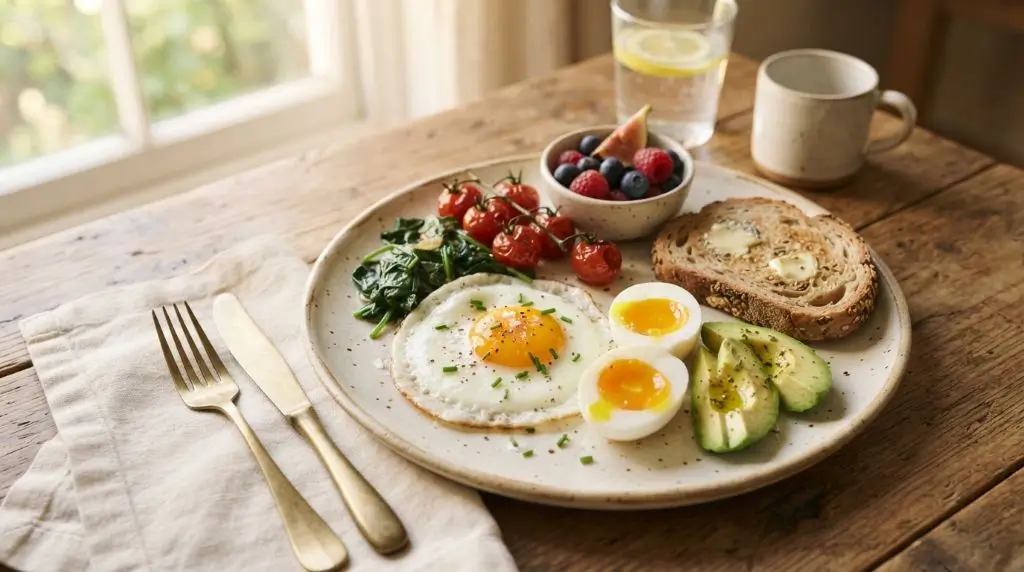 Boiled egg vs fried eggs served with whole-grain toast, vegetables, avocado, and fruit in an everyday breakfast setting.