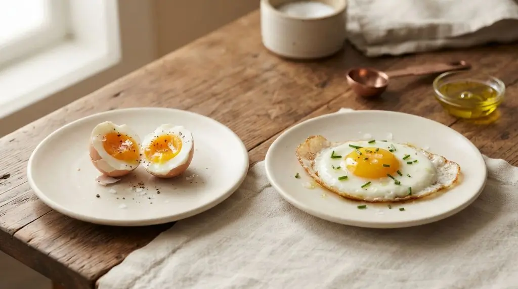 Boiled egg vs fried eggs shown side by side to illustrate differences in nutrition and cooking preparation.