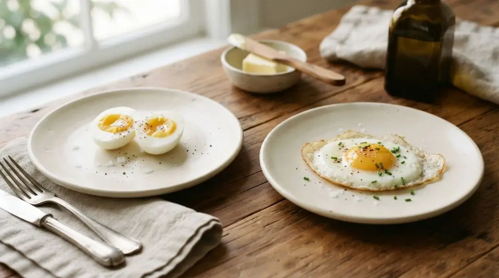 Boiled and fried eggs shown side by side to illustrate how cooking methods can change egg nutrition.