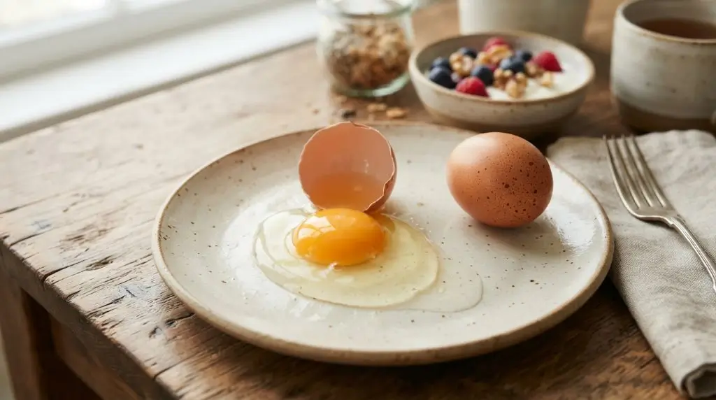 Egg white and golden yolk separated to show the protein found in different parts of one large egg.