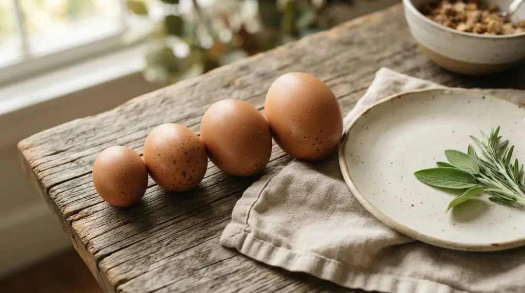 Small, medium, large and extra-large brown eggs arranged to show how egg size affects nutrition amounts.