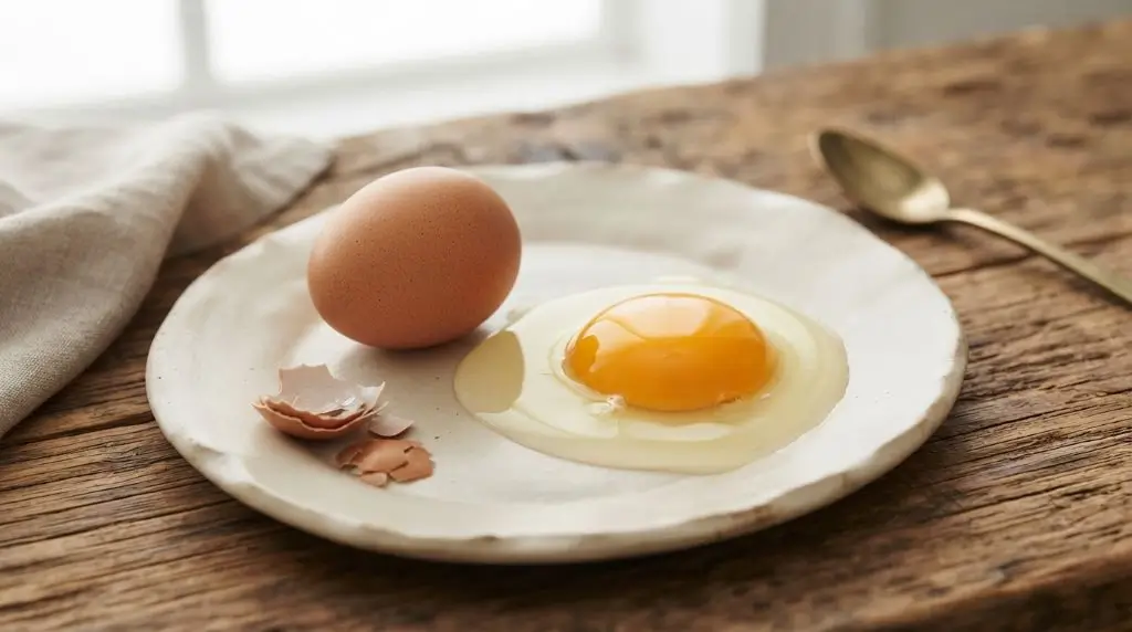 Whole egg, egg white and yolk arranged together to show differences in egg yolk and egg white nutrition.
