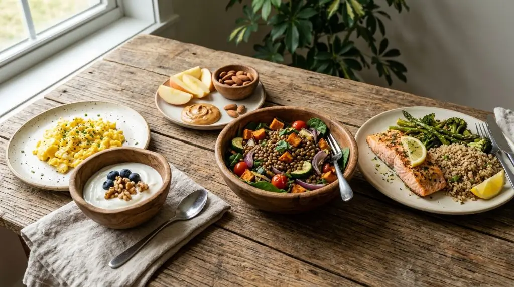 Everyday protein foods in balanced meals including eggs, Greek yogurt, lentils, peanut butter, fish and vegetables