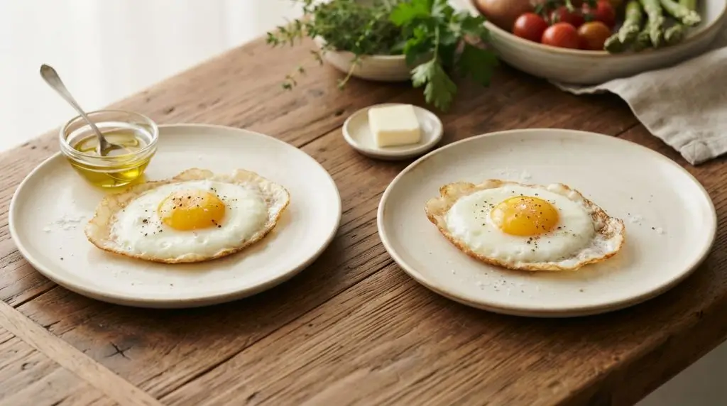 Two fried eggs shown with different cooking fats to illustrate how oil or butter can change the finished meal.