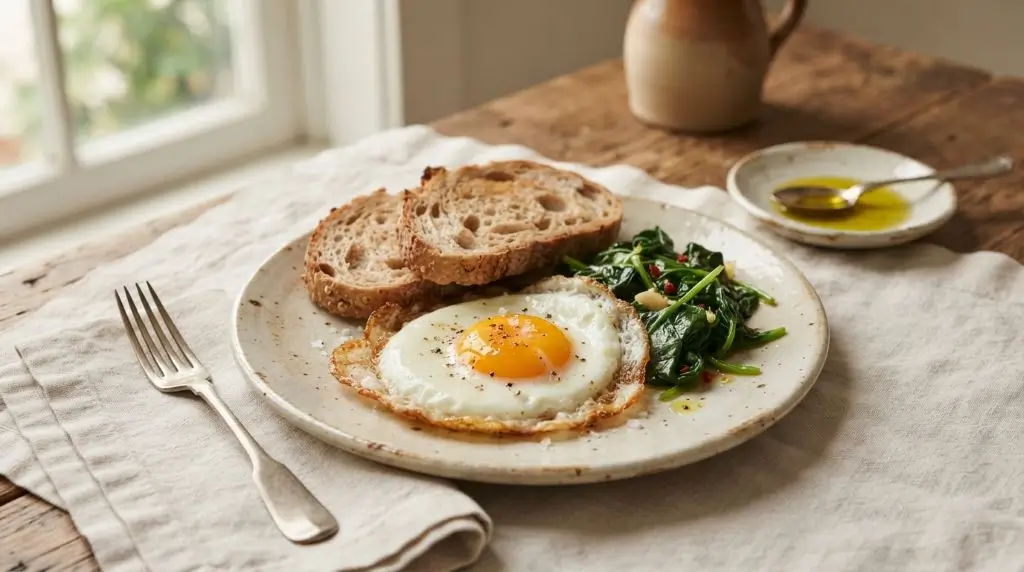 Fried egg with whole-grain toast and spinach shown in a simple editorial breakfast setting.