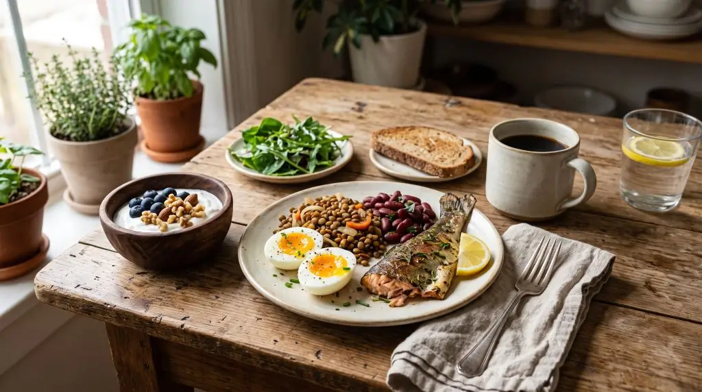 How much protein do you need daily? Everyday meals with eggs, Greek yogurt, lentils, fish, beans and nuts