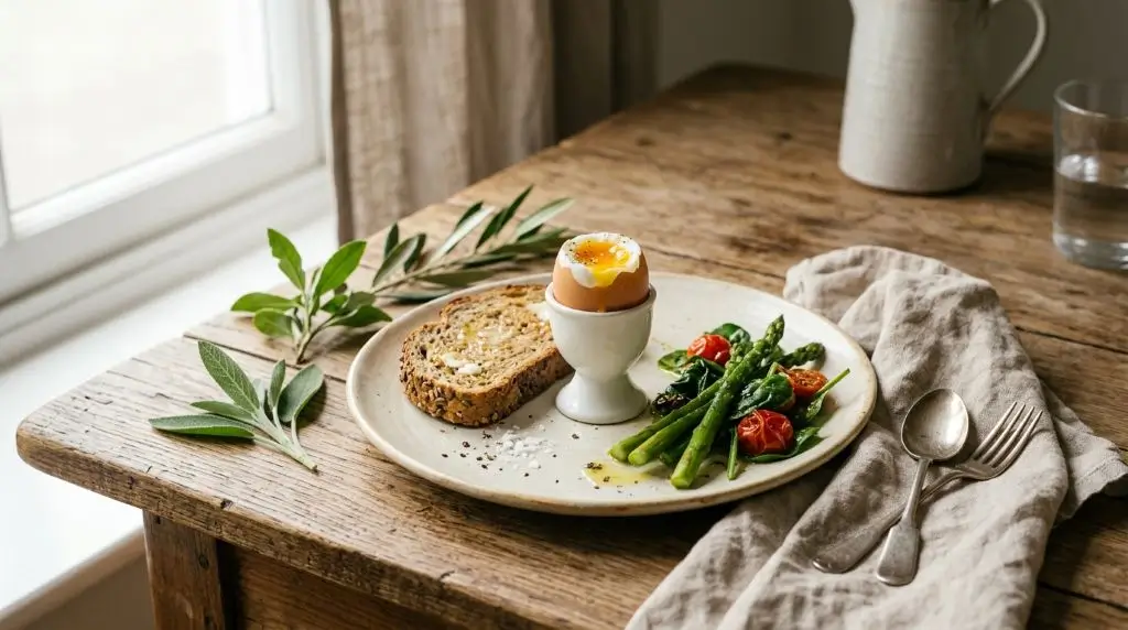 low protein meals versus balanced eating - a modest plate of egg vegetables and bread on a wooden table