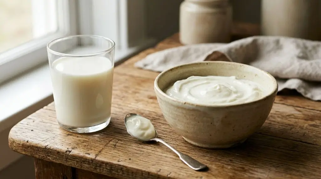 Milk to yogurt fermentation shown with fresh milk and plain yogurt in an educational food composition.