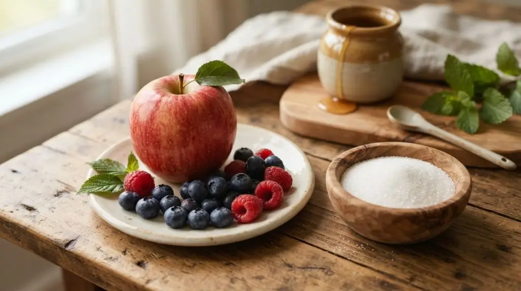 Natural sugar vs added sugar shown with fresh apple, berries, honey, and granulated sugar