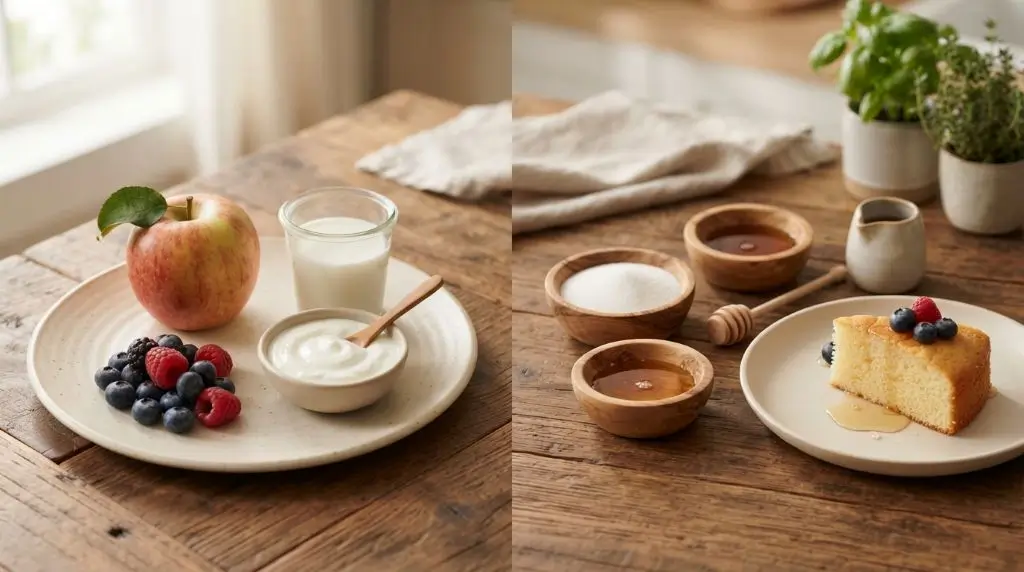 Natural sugar vs added sugar comparison using whole fruit, milk, yogurt, honey, and table sugar