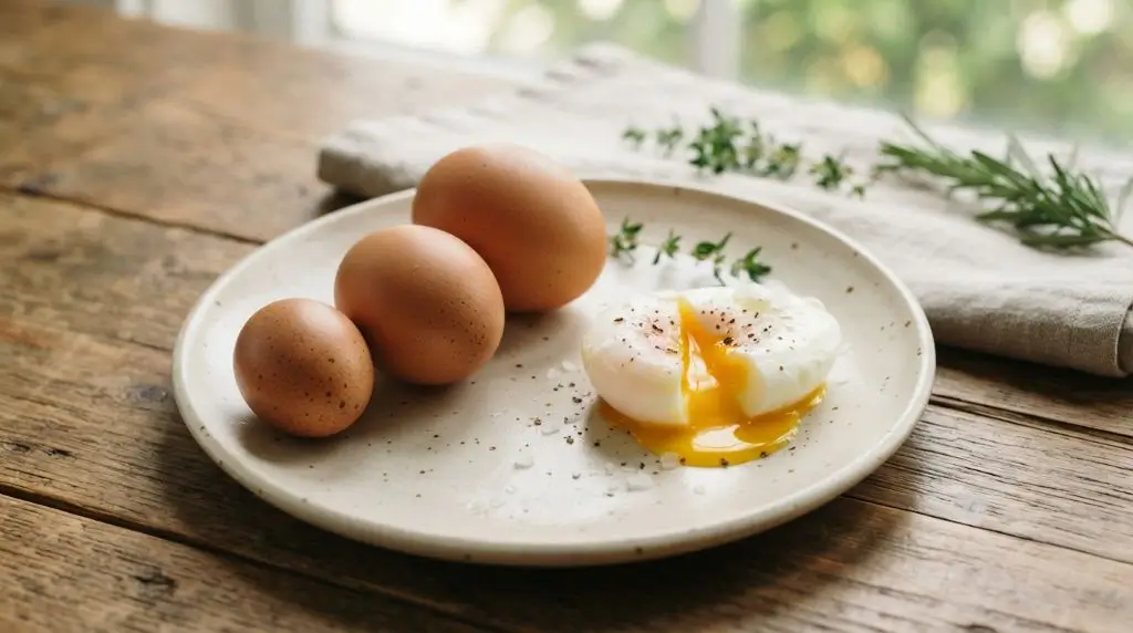 Eggs of different sizes with a cooked large egg illustrating how egg calories vary by size.