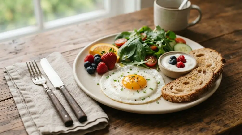 One cooked egg served with whole grain toast, fruit, greens and yogurt as part of a balanced breakfast.