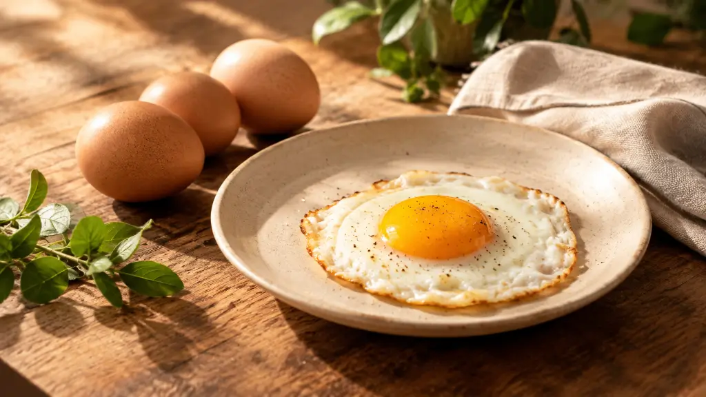 One large egg on a cream plate on a wooden table, a classic simple view of one egg nutrition with protein, fat and vitamins