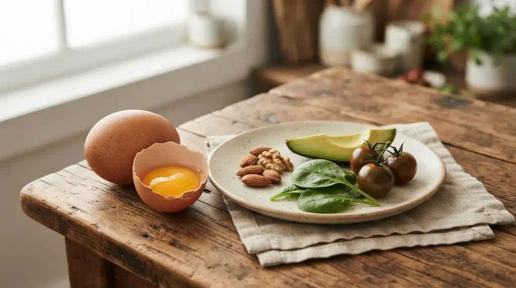 One large whole egg surrounded by simple foods representing its protein, fat and key nutrients.