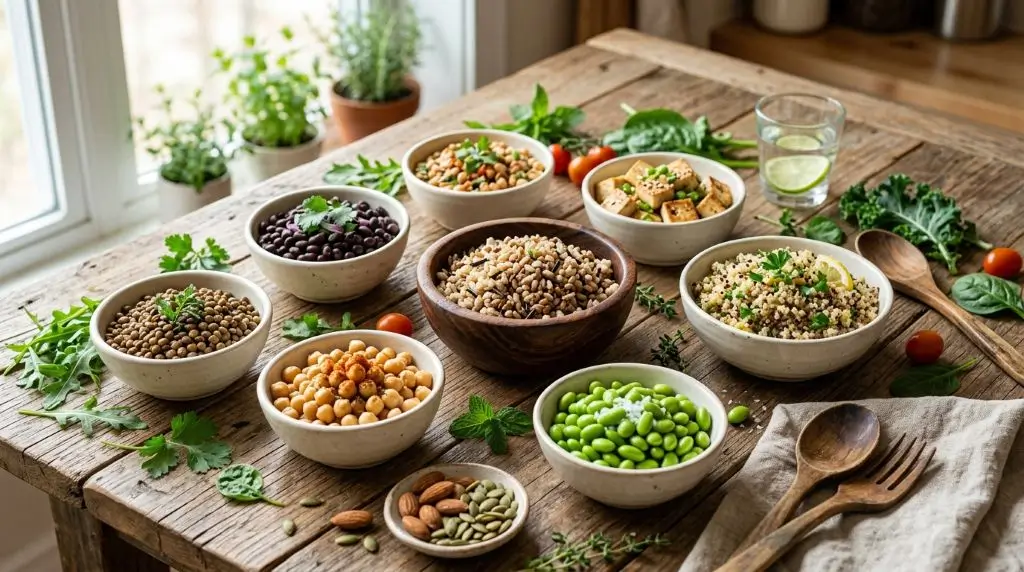 Plant-based protein foods for beginners including lentils, beans, chickpeas, tofu, quinoa, nuts and seeds