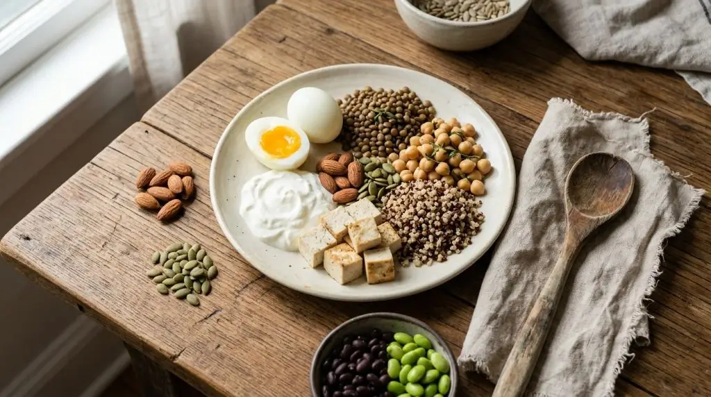 Protein and amino acids from everyday foods including eggs, yogurt, lentils, tofu, chickpeas, nuts and seeds