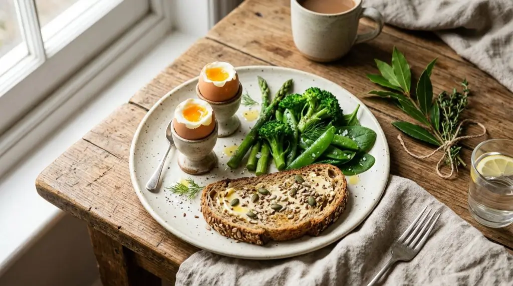 what protein does for your body - a balanced plate with eggs greens and whole grains for daily tissue maintenance