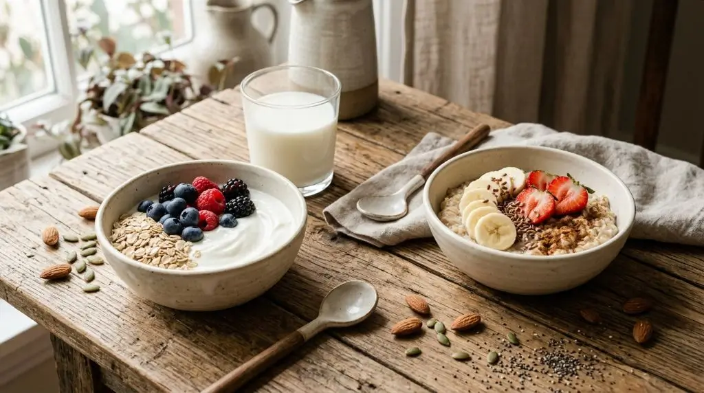 Yogurt vs milk breakfast options with Greek yogurt, oatmeal, fresh milk, berries and oats.