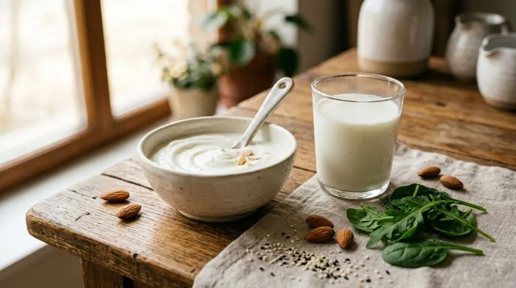 Yogurt vs milk calcium comparison with plain yogurt, fresh milk, almonds and other whole foods.