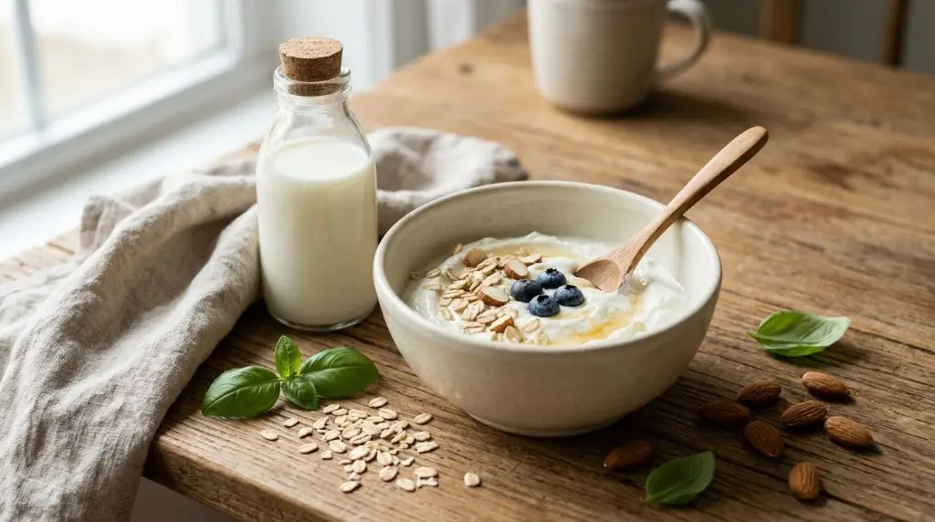 Small milk bottle beside cream bowl of thick yogurt with oats on wood comparing yogurt vs milk nutrition.