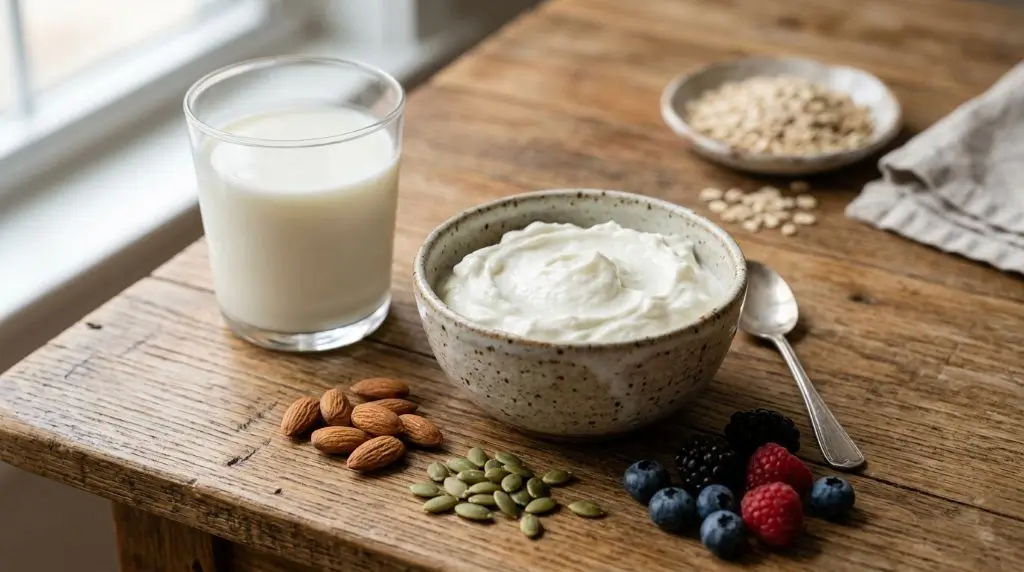 Yogurt vs milk protein comparison featuring Greek yogurt, fresh milk, berries, almonds and seeds.