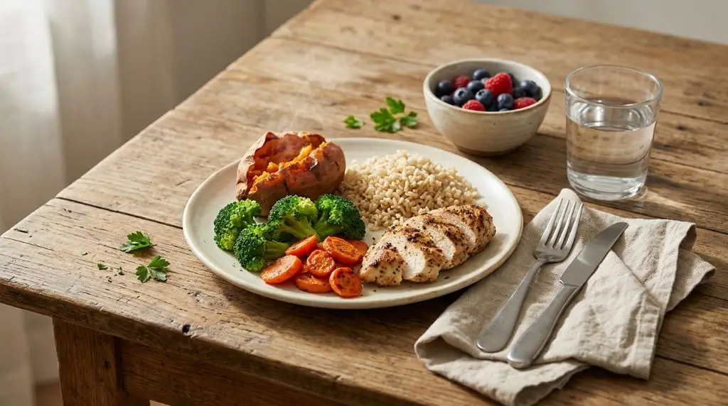 Balanced carbohydrate meal with baked sweet potato, brown rice, vegetables, and protein for everyday eating.